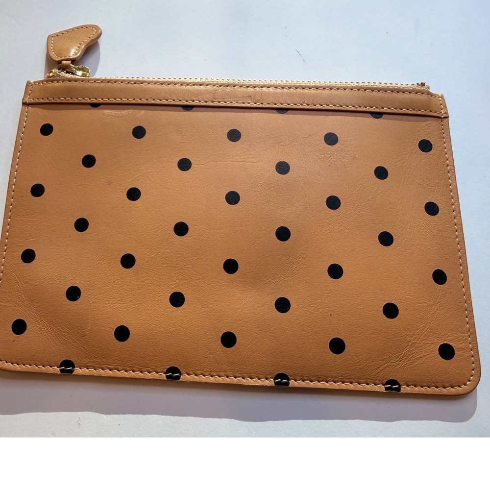 J.Crew Polka Dot Leather Pouch Tan Black Zip Top Clutch Heart Pull RN77388